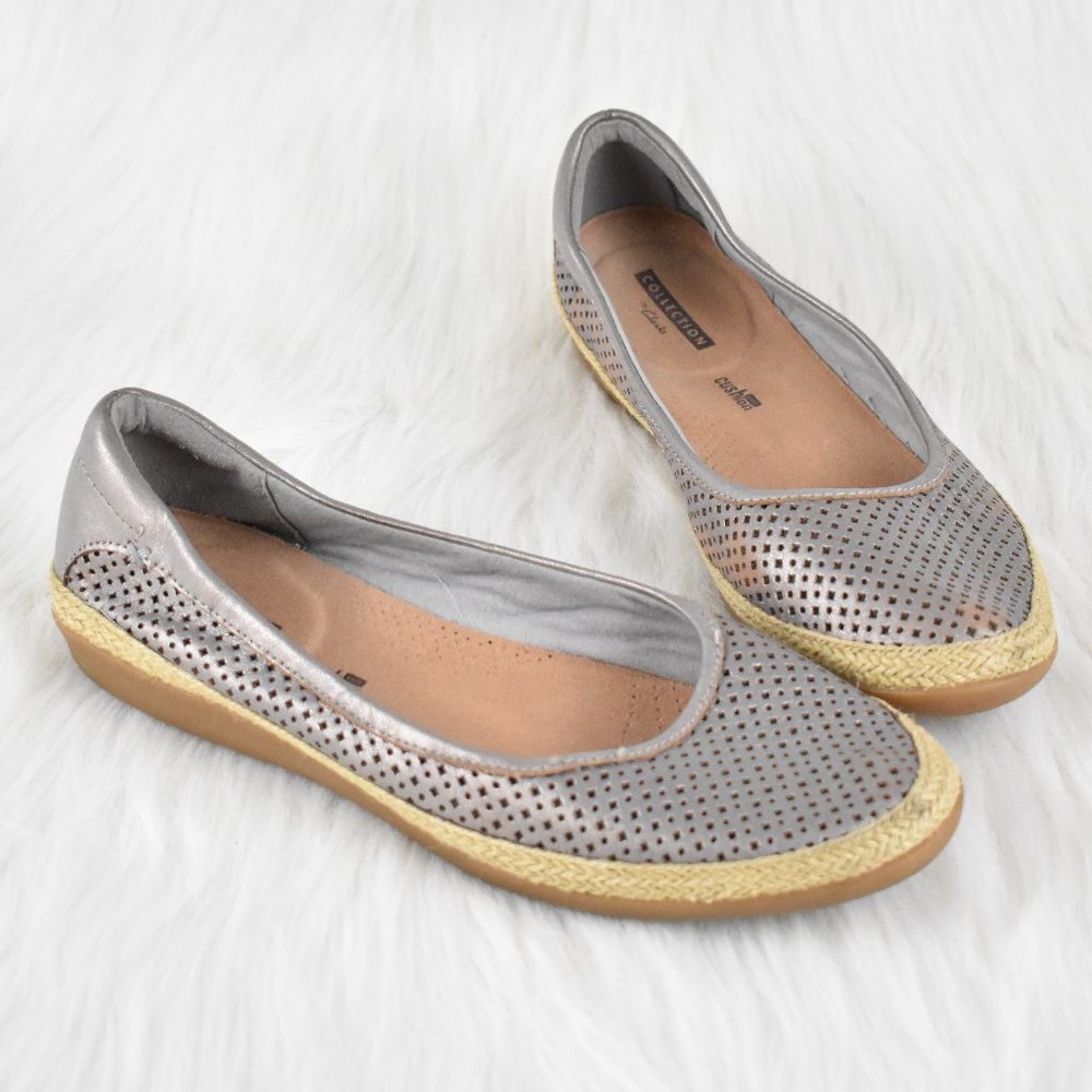 Clarks Silver Perforated Leather Espadrille Flats